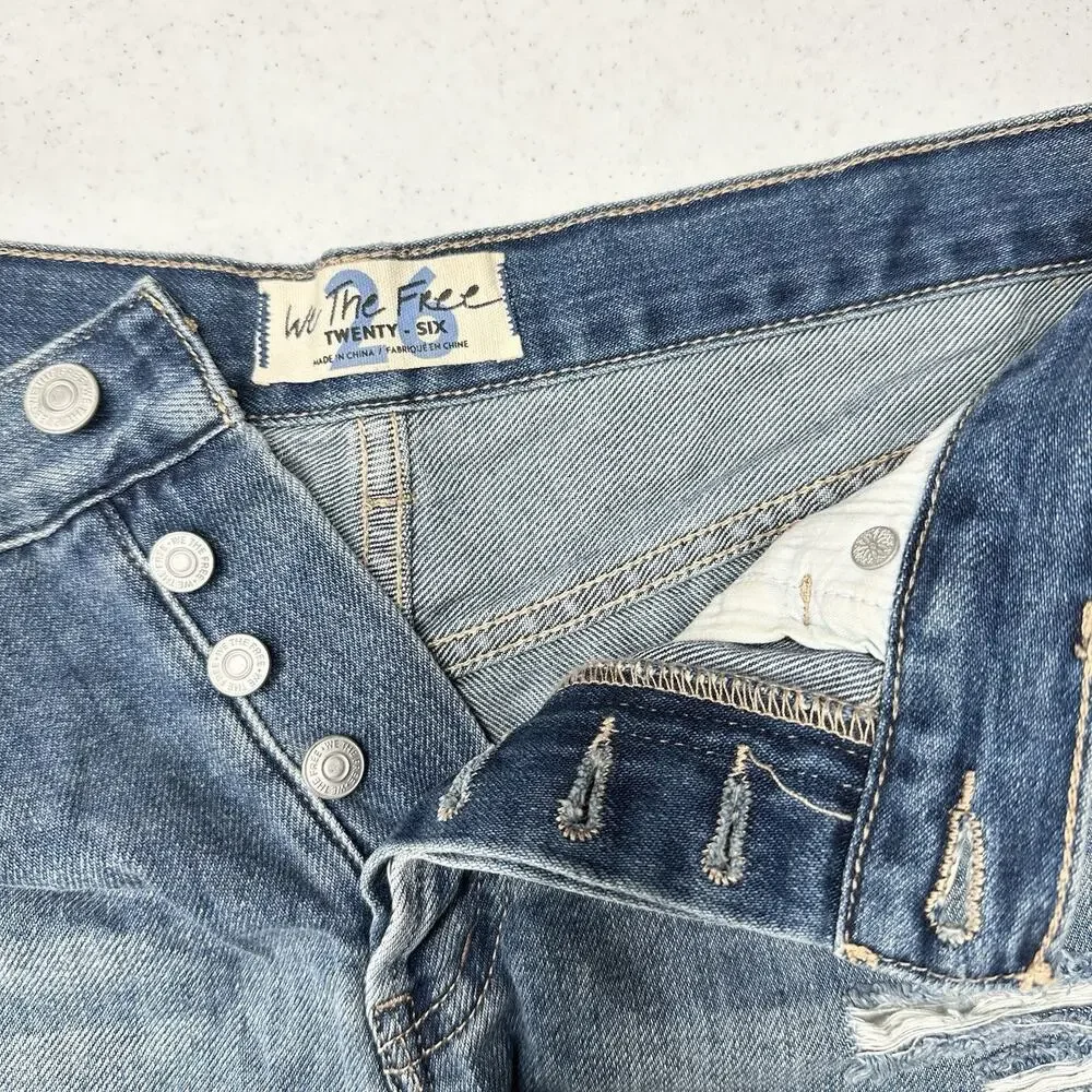 We The Free People Shorts Womens 26 Blue Denim Button Fly Distress Anthropologie